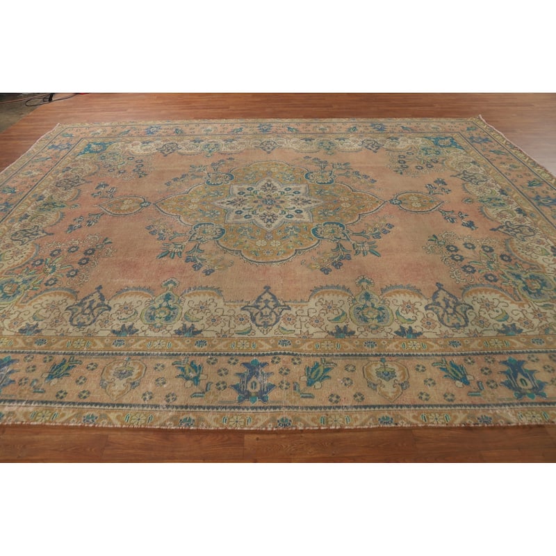 Tabriz Persian Vintage Rug Handmade Traditional Orange Wool Carpet - 9'7" x 12'10"