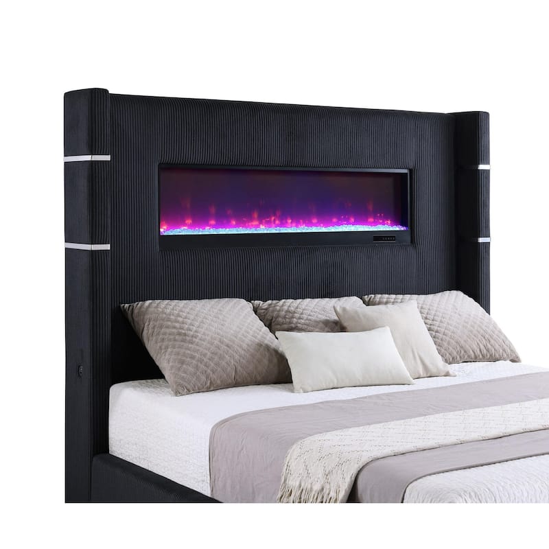 Caro King Bed, Wingback Panel w LED Flame, Black Corduroy Upholstery