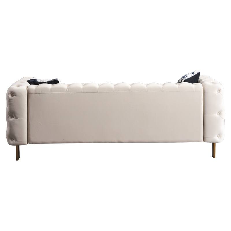84.25" Luxurious Tufted Velvet Upholstered 3-Seater Sofa with Golden Metal Armrest Design and Buttoned Tufted Backrest