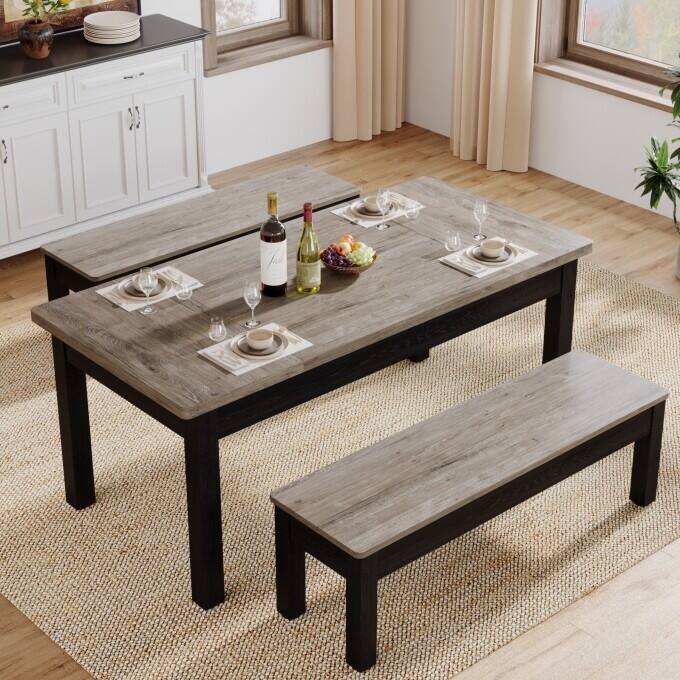 Wood Dining Table Set, 55-Inch Kitchen Table with 2 Benches for 4-6
