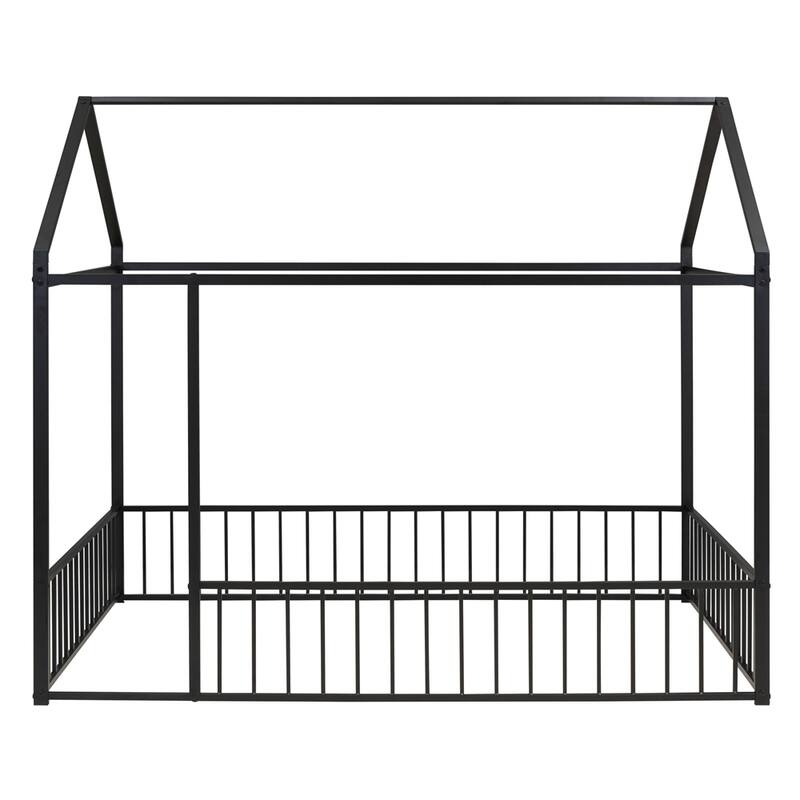 Full Size Metal Bed House Bed Frame with Fence for Kids