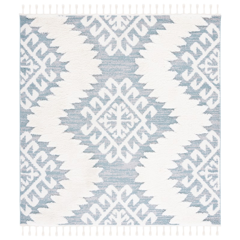 SAFAVIEH Moroccan Tassel Shag Berneice Boho Tribal 2-inch Thick - 6'7" Square - Teal/Ivory