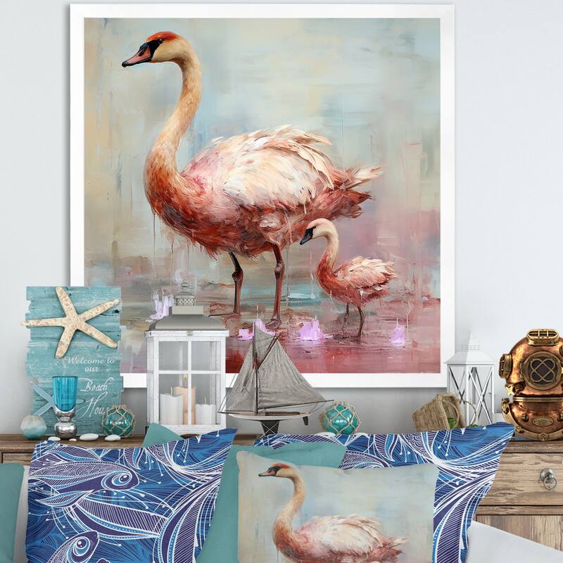 Designart "Pink Blooming Swan Beauty" Swans Wall Decor Pink Modern Entryway Framed Wall Art Print - 16 in. wide x 16 in. high - White