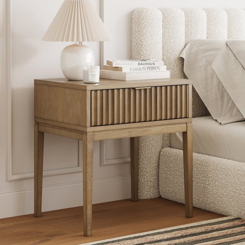 Jasper Mid-Century Modern Nighstand, Side Table with Storage and Fluted Drawer Doors with Brass Handles - Light Brown - Single