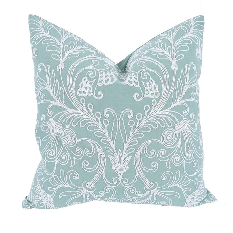 HomeRoots 20" X 20" Green and White Damask Polyester Zippered Pillow With Embroidery