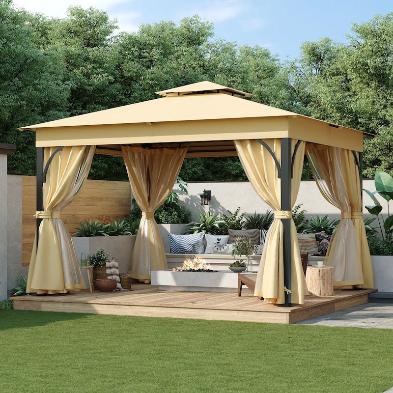 Outdoor Gazebo Tent with Double Roof, Mosquito Netting & Privacy Screens