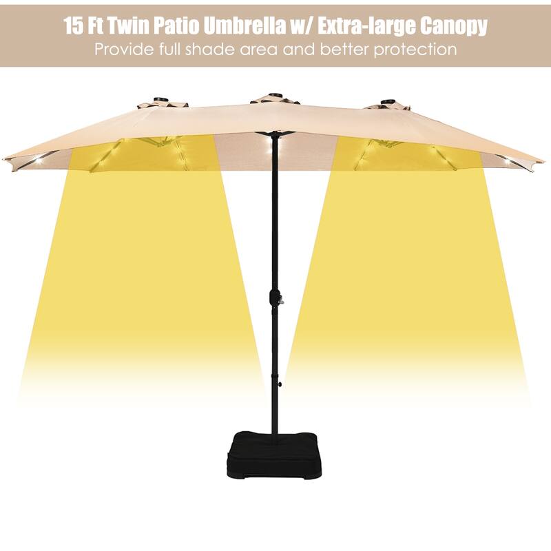 Costway 15Ft Patio Double-Sided Solar LED Market Umbrella Crank Base