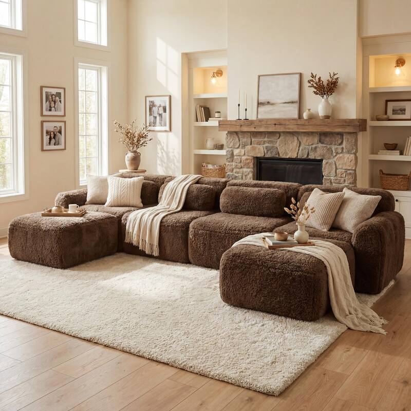 Homy Casa Chocolate Plush Fabric Non-Slip Modular Floor Sofa Sectional - 10' x 14' - Choco09