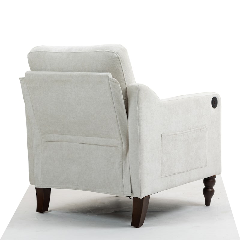 Chenille Accent Chair with USB Port, Ergonomic Upholstered Armchair, Lounge Reading Chair with Side Pocket & Wooden Legs