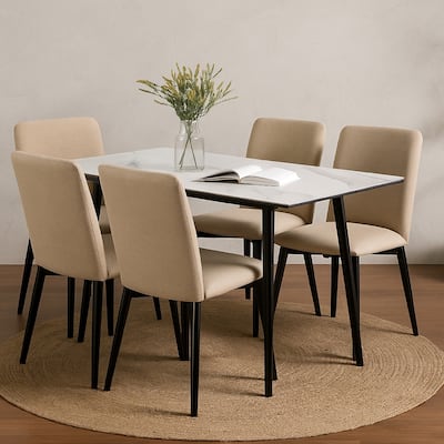 Aikya 60 Inch Dining Table, White Sintered Stone, Tapered Metal Legs
