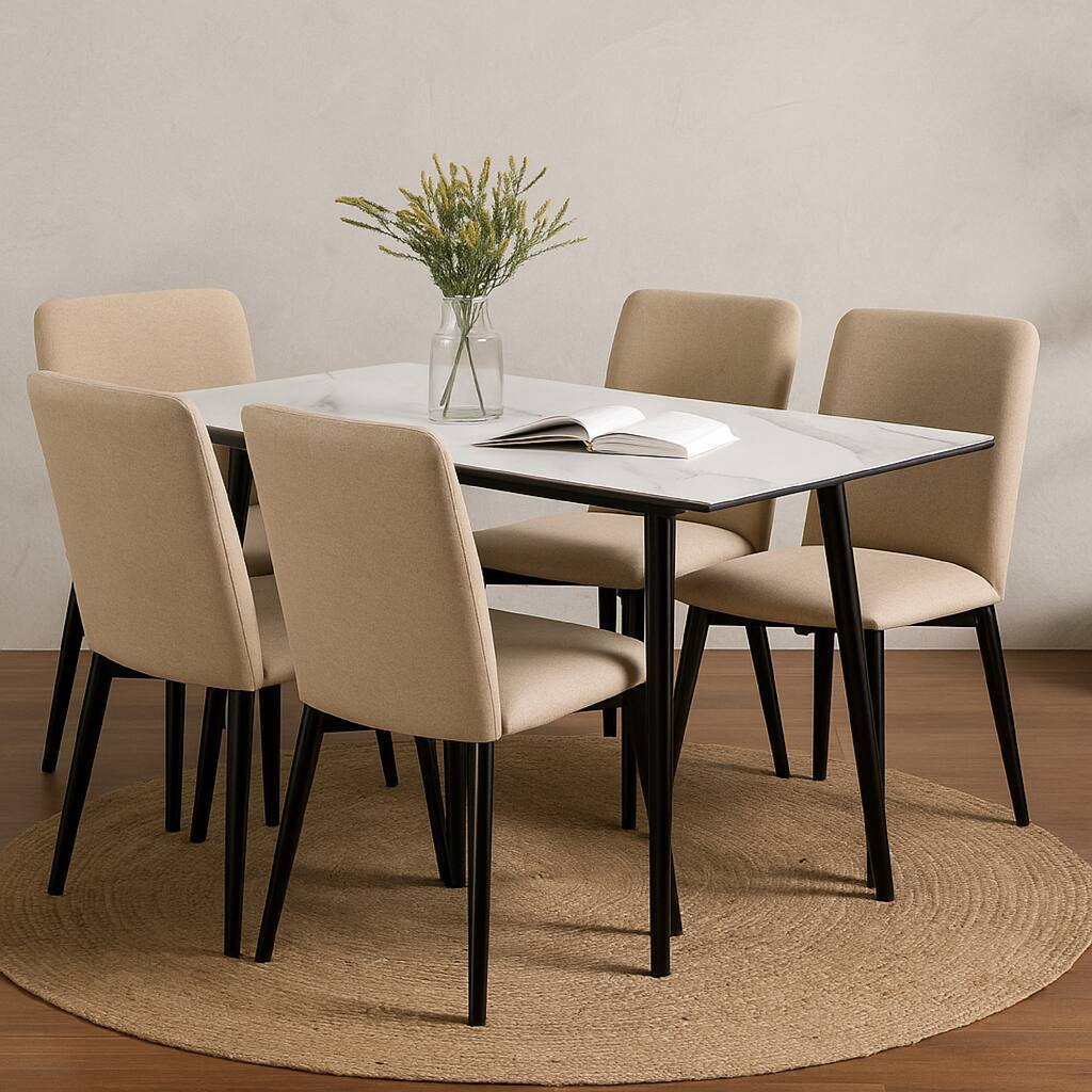 Aikya 60 Inch Dining Table, White Sintered Stone, Tapered Metal Legs