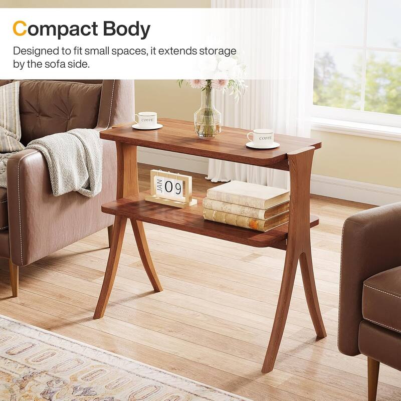 25.2"Narrow Side Table -2-Tier Small Farmhouse End Table with Solid Wood Legs, Space-Saving Furniture with Storage Shelf