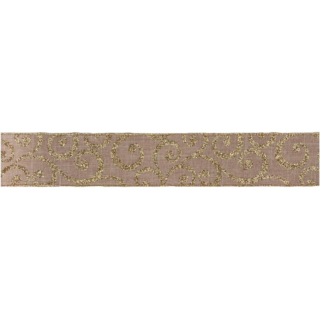 Burlap and Gold Scroll Christmas Wired Craft Ribbon 2.5" x 10 Yards - 2.5" x 10 Yards