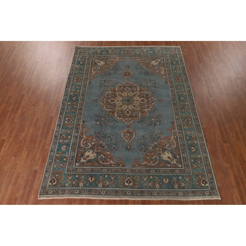 Blue Over Dyed Tabriz Persian Vintage Rug Handmade Wool Carpet - 8'2"x 11'4"