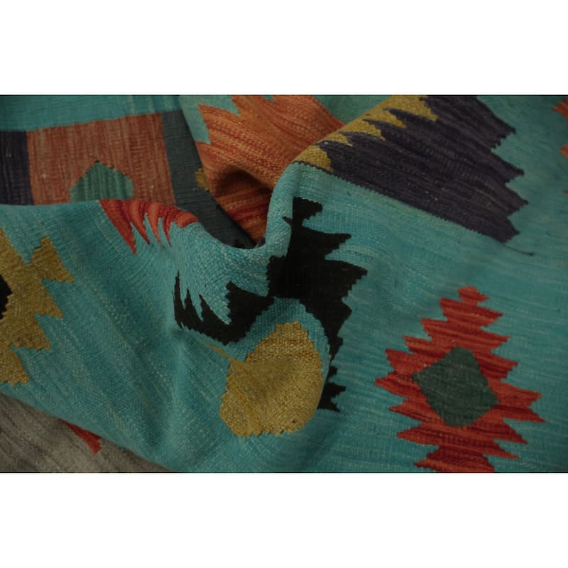 Hand Woven Oriental 100% Wool Carpet Southwestern Modern Navy Blue & Blues Kilim Area Rug - 11' 6'' X 4' 10''
