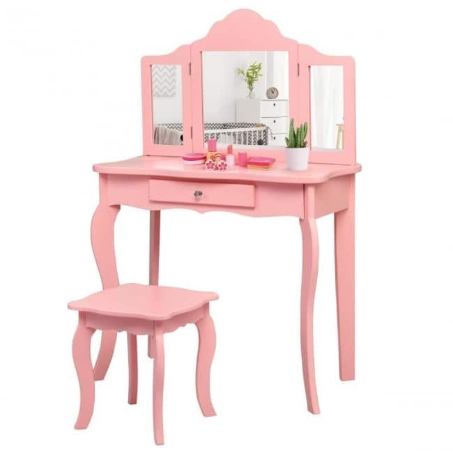 Kids Makeup Dressing Mirror Vanity Table Stool Set - 27.5" x 13.5" x 41" (L x W x H)
