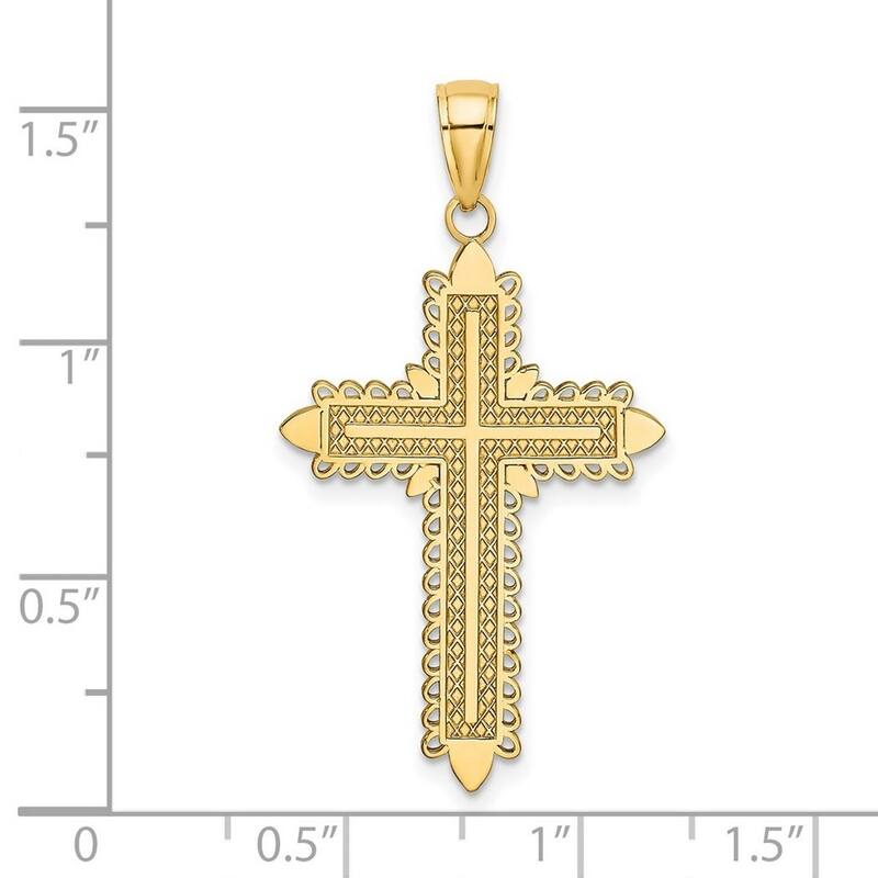 Curata 14k Yellow Gold Lace Border Textured Cross Necklace 18mm x 36mm