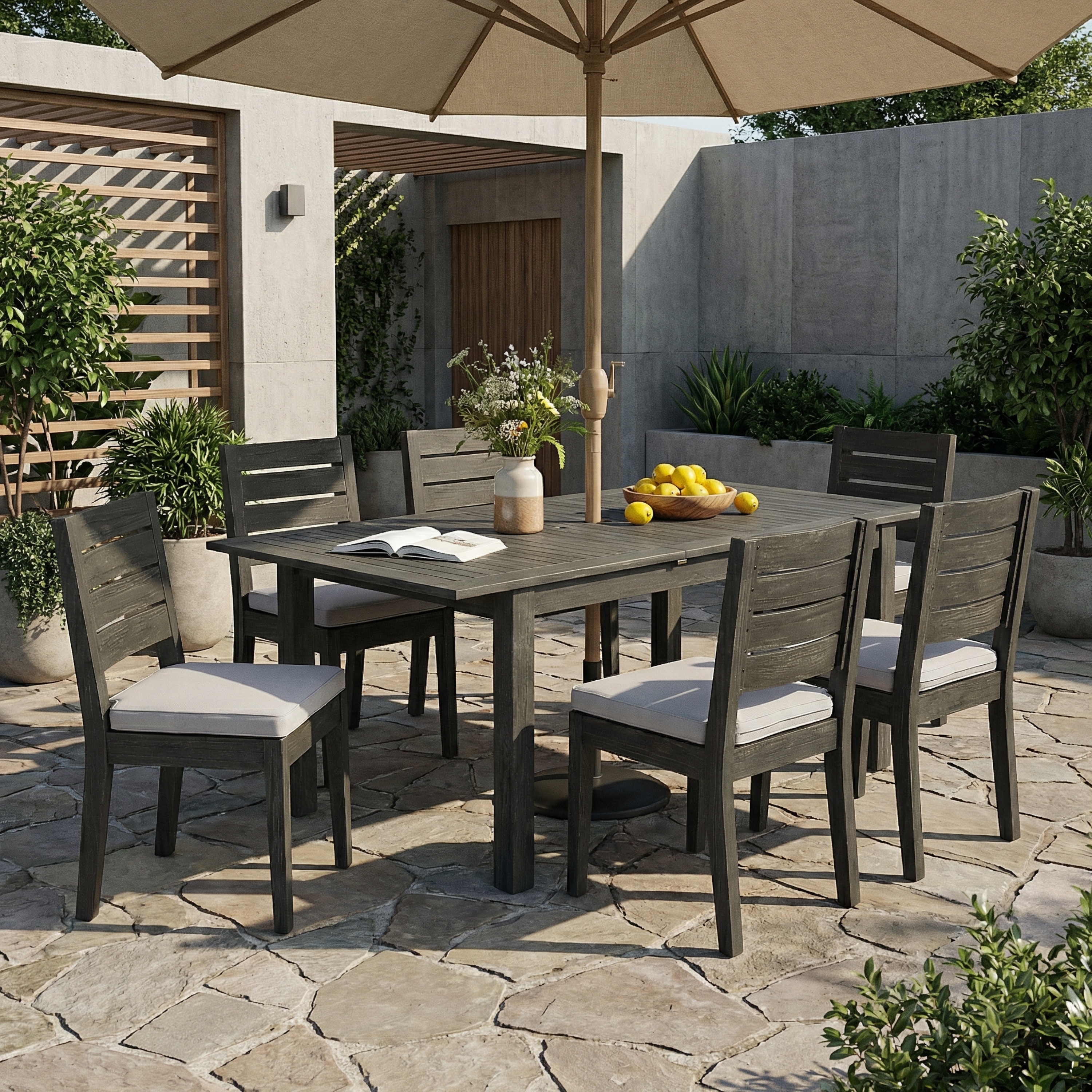 Christopher Knight Home - Acacia Wood Outdoor Garden Dining Set with Cushioned Chairs & Umbrella Hole