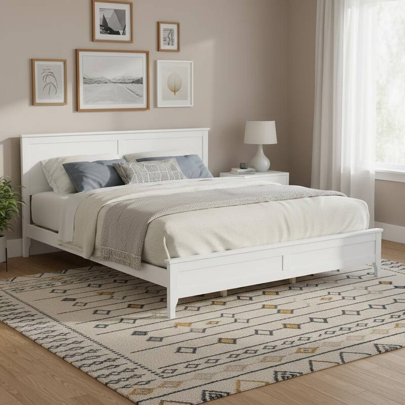 Modern Solid Wood Platform Bed with Tapered Legs and Sturdy Slats Support by Harper&Bright Designs - White - King