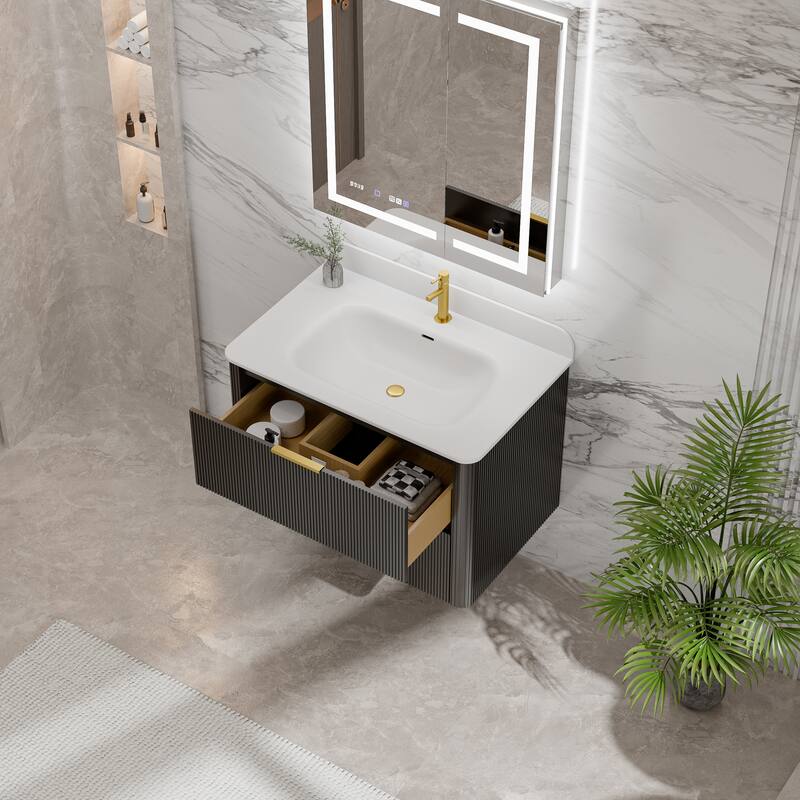 Modland Fluted Floating Vanity with Sink, Plywood Wall Mount Cabinet, Curved Edge, 24/30/36 Inch