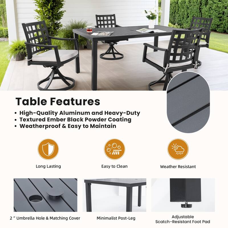 5 Piece Patio Dining Set, All Weather Outdoor Rectangular Dining Table Set with 4 Swivel Rocking Chairs and Umbrella Hole