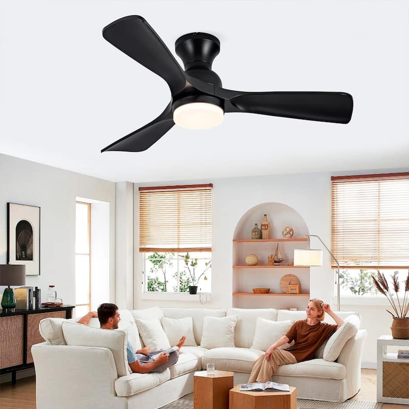 42 Inch Black Ceiling Fan with Lights Flush Mount Ceiling Fan with Remote Control, ABS Blades Modern Outdoor Ceiling Fans