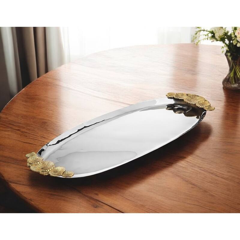 HomeRoots 20" Silver And Gold Oval Stainless Steel Handmade Serving Tray With Handles - Gold/Silver