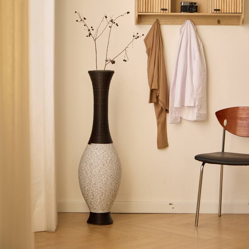 39-Inch Tall Standing Designer Floor Vase - Durable Artificial Rattan - Elegant Two-Tone Dark Brown Finish Statement Piece