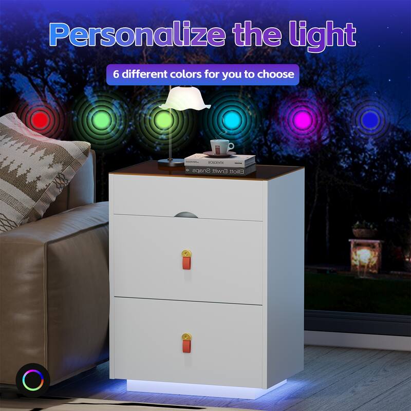 3 Drawer Nightstand with LED Light, Glass Top and Handles