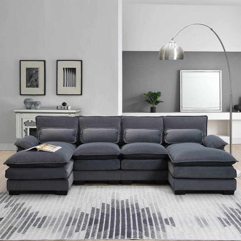 6-seat Upholstered Symmetrical Sofa Set with Double Cushions - Grey