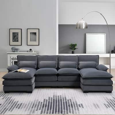 Modern U-Shaped Sectional Sofa with Waist Pillows, 6-seat Upholstered Symmetrical Sofa, Sleeper Sofa Couch with Chaise Lounge