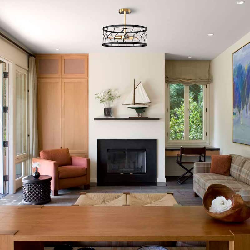 YANSUN 16.5 in. 3-Light Black and Gold Drum Metal Semi-recessed Ceiling light Modern Mininalit Semi-Flush Mount t for kKitchen