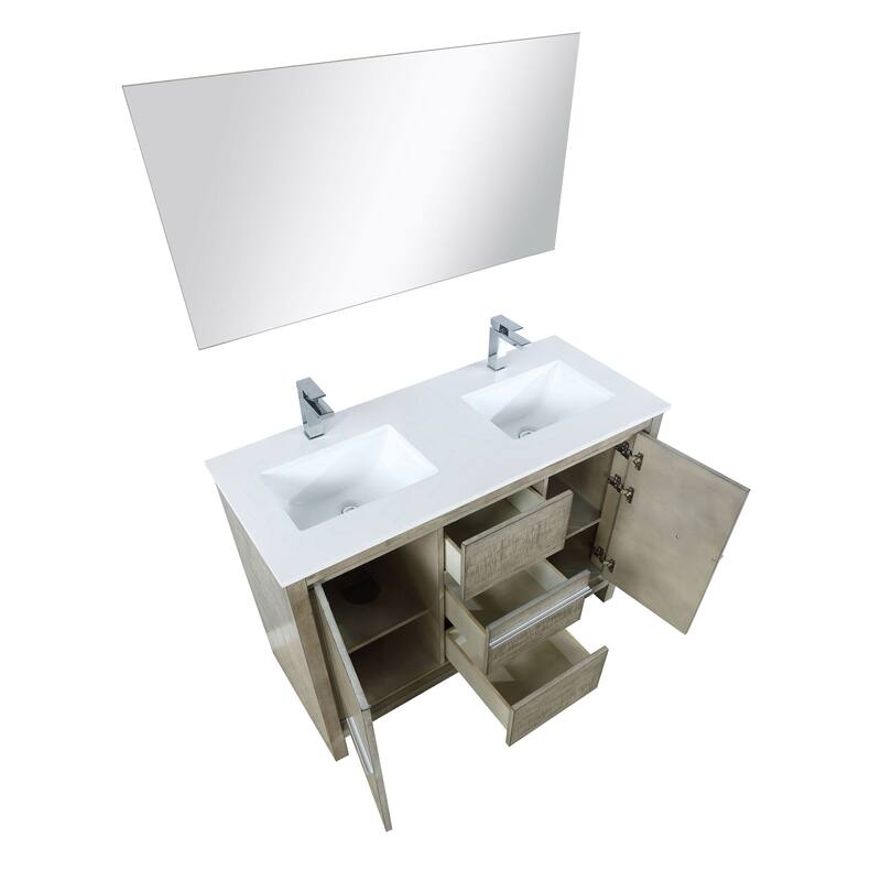 Lafarre 30 in W x 20 in D Rustic Acacia Bath Vanity, White Quartz Top, Brushed Nickel Faucet Set and 28 in Mirror