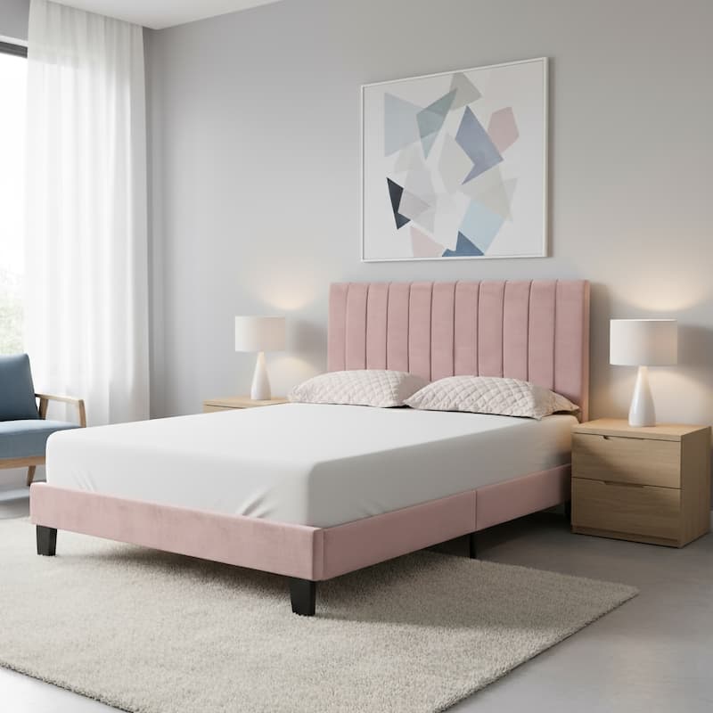 Mid-century Modern Tufted Pink Platform Bed