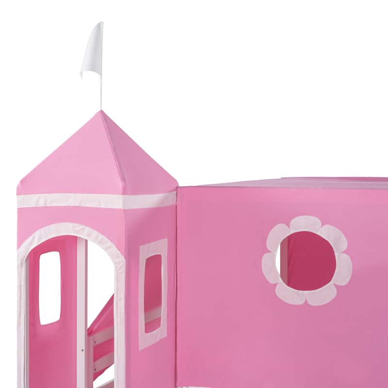 Full Loft Bed with Slide, Castle Tower, and Pink Tent - Perfect for Kids' Play & Sleep Space