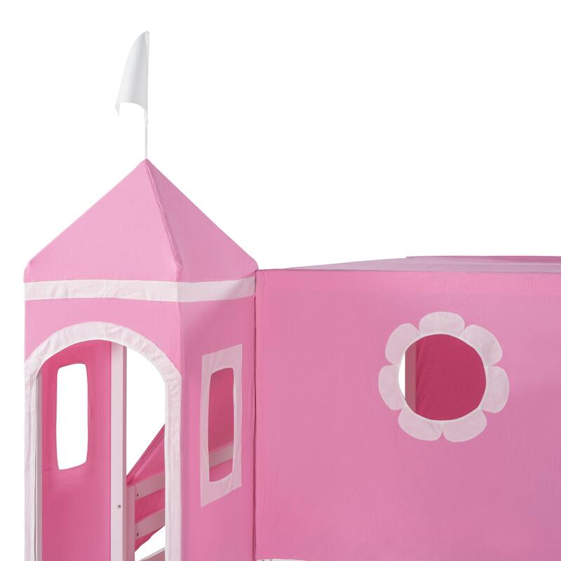 Full Size Loft Bed with Castle Tower, Slide, and Play Tent, Solid Pine Wood Construction with Spacious Under-Bed Play Area