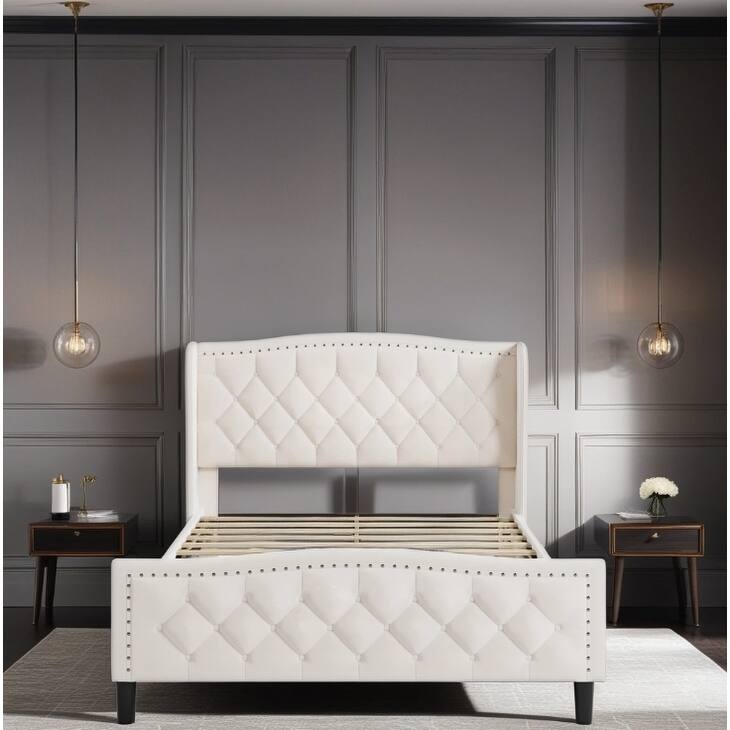 Modern Upholstered Queen Size Platform Bed with Wingback Headboard, Velvet Frame, Wood Slat Support, Easy Assembly