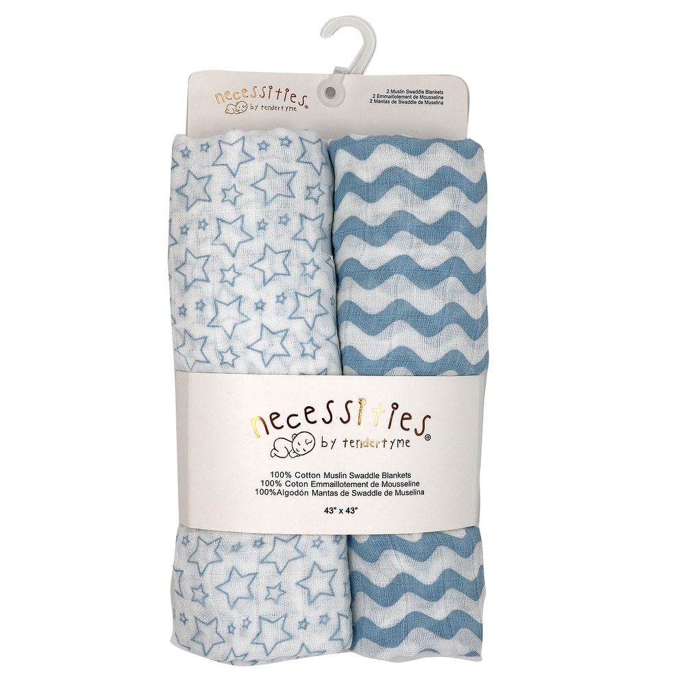 Baby Stars and Waves 2 Pack Muslin Swaddle Blankets
