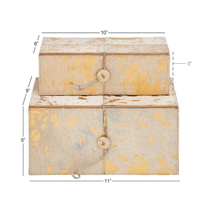 Gray Leather Handmade Box with Hinged Lid (Set of 2) - White or Gold