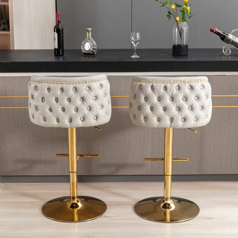 Modern Swivel Barstools, Tufted Back Upholstered Dining Chair, Leather High Bar Chair Adjustable Height, Set of 2