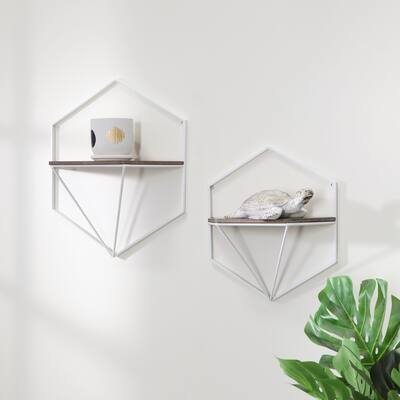 Set of 2 Metal , Wood Hexagon Wall Shelves, Wht, gray 16.75"H - 17.0" x 6.75" x 16.75"