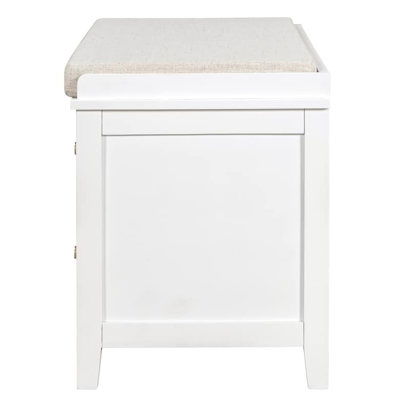Wood Frame Bench with Shoe Storage, Shoe Bench with Rattan Arched Door and 2 Drawers Entryway Fabric Upholstered Bench