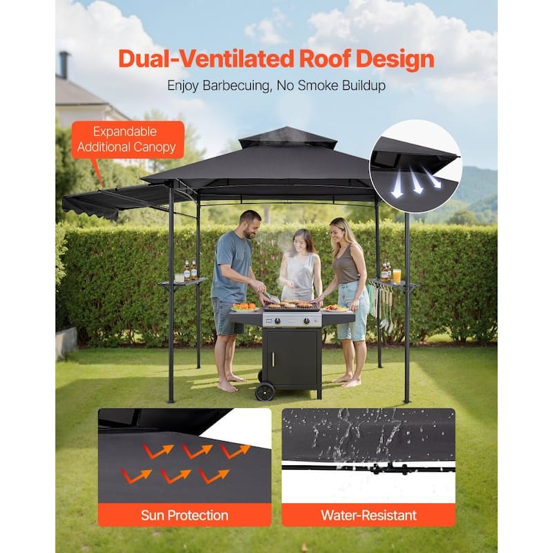 8x5 Feet BBQ Grill Gazebo with Double Tier Roof and Steel Frame Side Shelves and Hanging Hooks - 95.67” x 59.06” x 98.43”