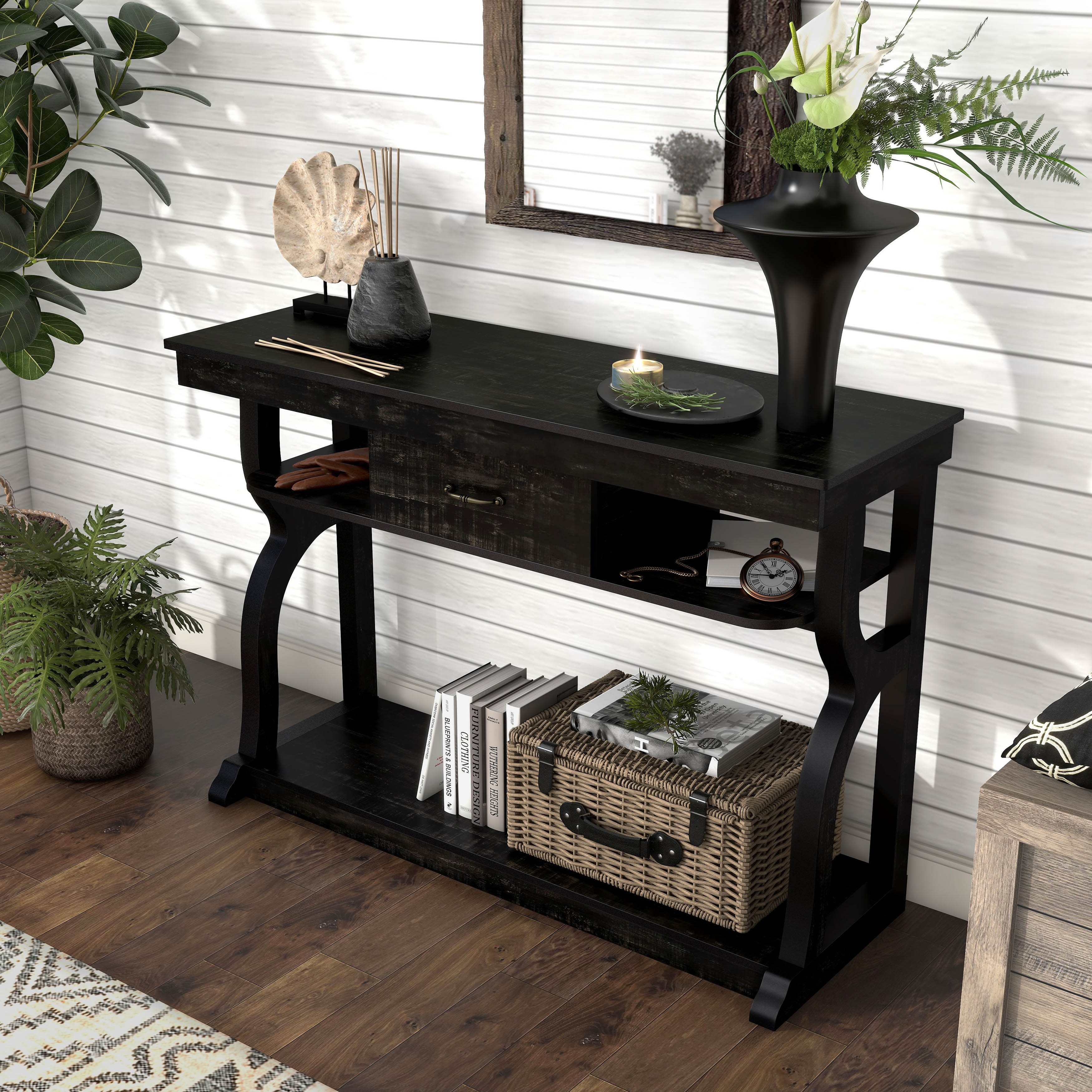 DH BASIC Farmhouse Black Oak 47-inch 3-Open Shelf Console Table
