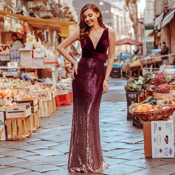 Ever-Pretty Women's Bodycon V-Neck Velvet Sequin Formal Evening Party Dress 07767