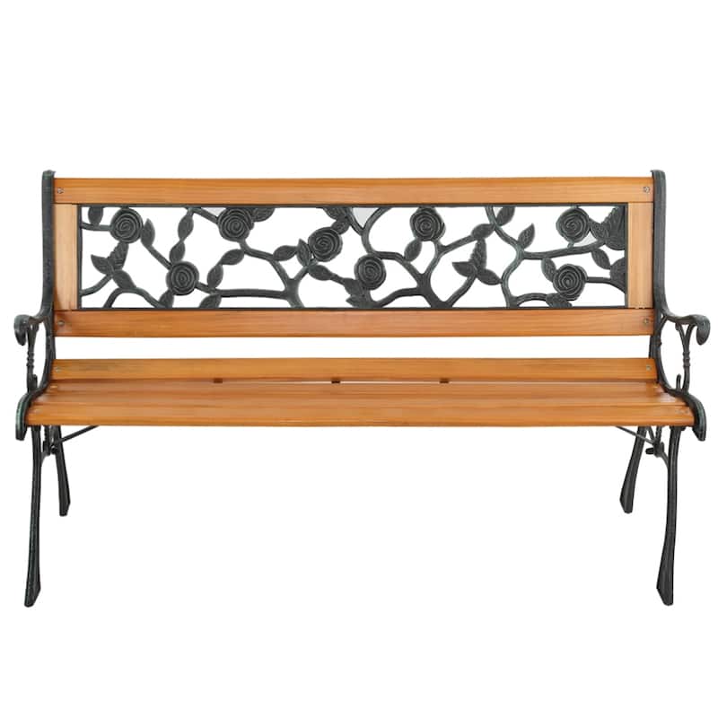49" Garden Bench Patio Porch Chair Deck Hardwood Cast Iron Love Seat - Bronze & Natural