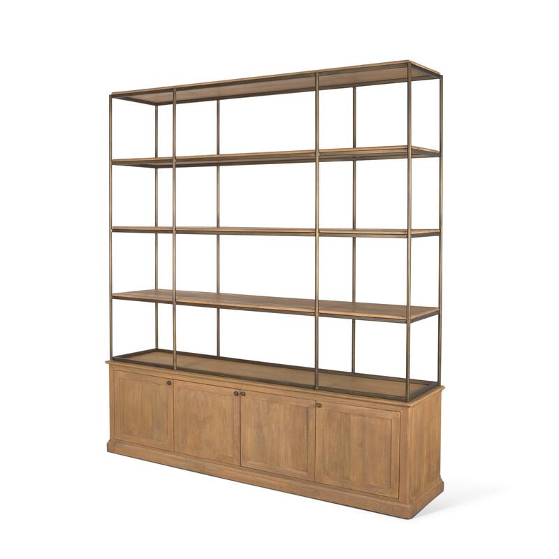 Baron Light / Dark Brown Wood w/ Antiqued Aged Brass Metal 2-Door / 4-Door Open Shelving Unit - Brown - 4 Door