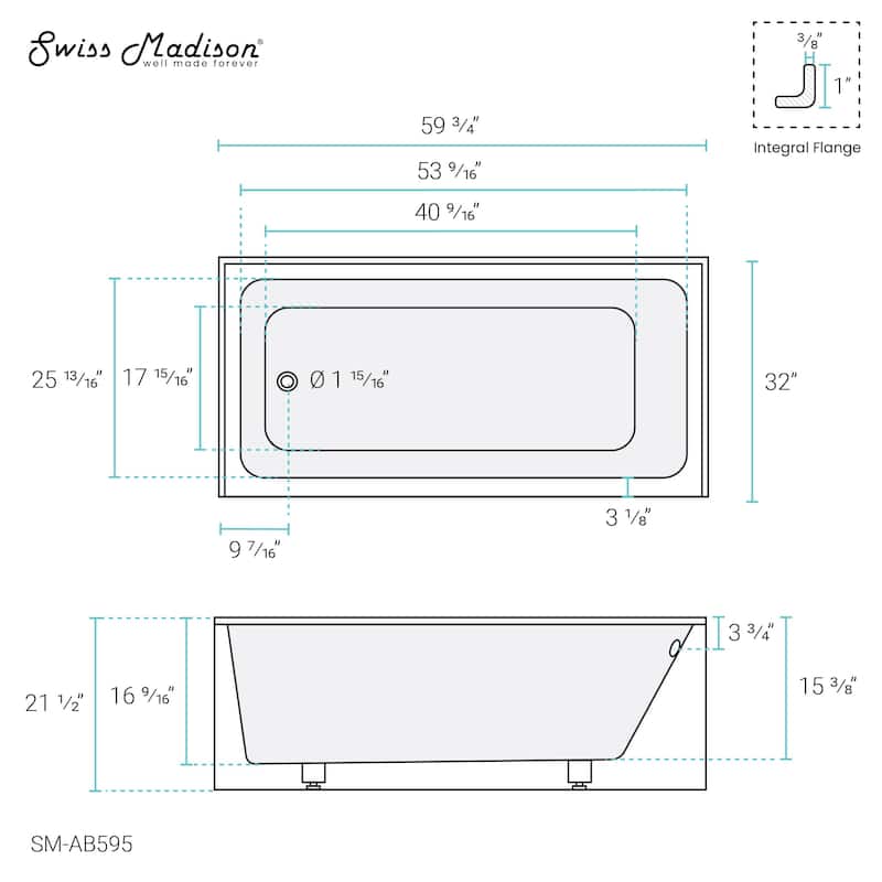 Voltaire 60" X 32" Alcove Bathtub with Apron