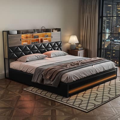 Queen/King Upholstered Bed Frame with RGB LED Lights & Storage Bookcase Headboard