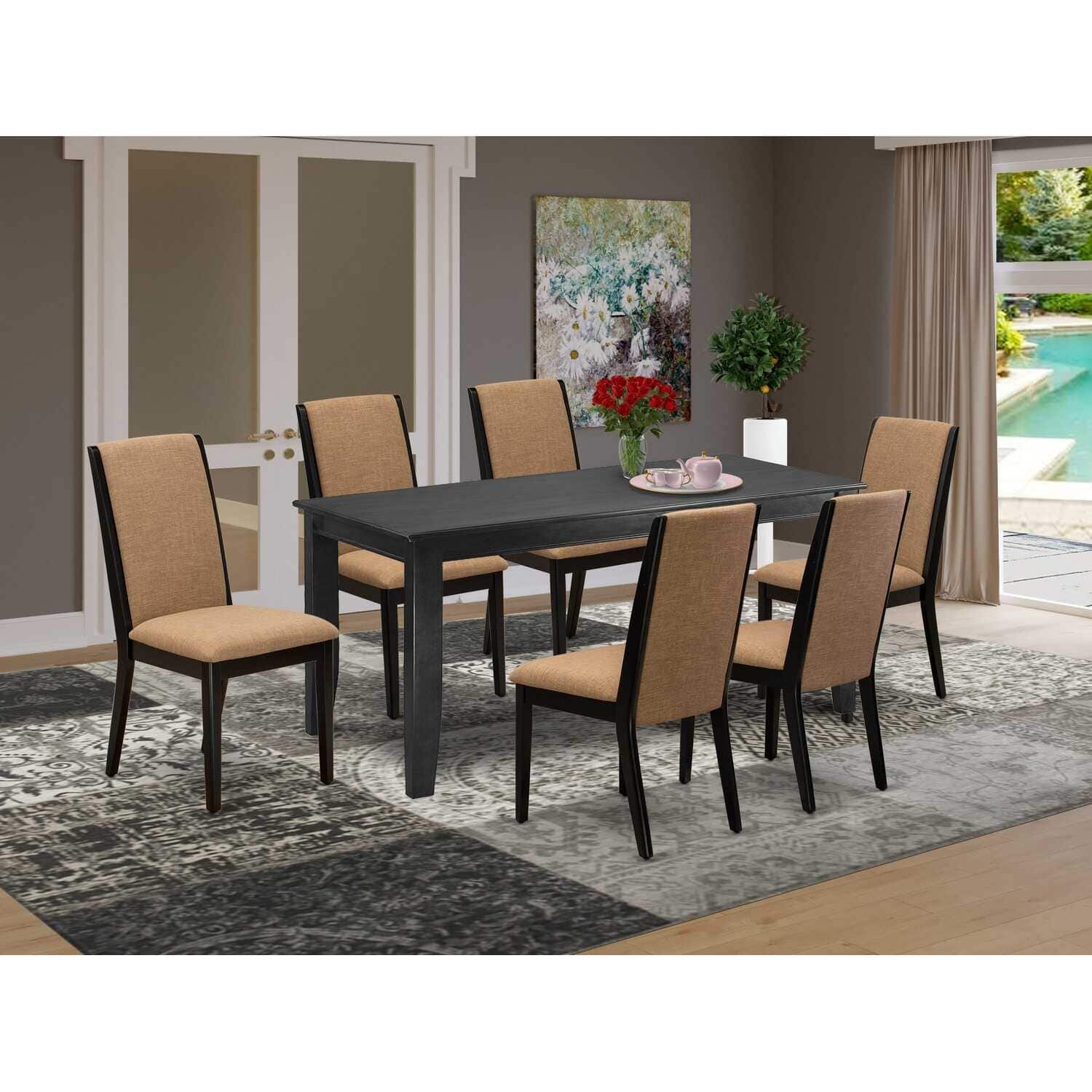 HomeStock 7-Piece Rectangle Black Finish Solid Wood Top Dining Table with 6 Chairs
